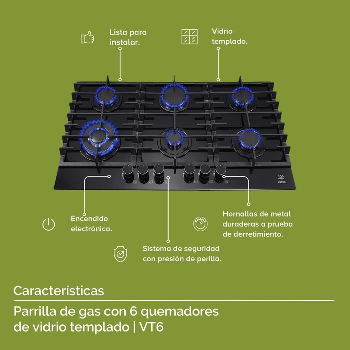 Parrilla de Gas 6 Quemadores Vidrio Templado Avera VT6