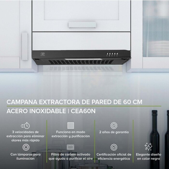 Campana de Pared Negra Acero Inoxidable 60 cm Avera CEA60N