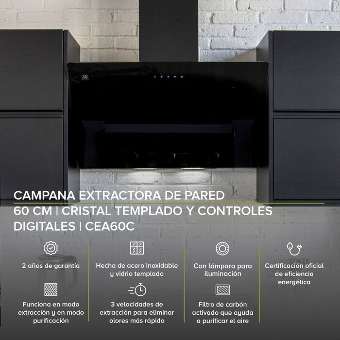 Campana de Pared Negra Vidrio Templado 60 cm Avera CEA60C