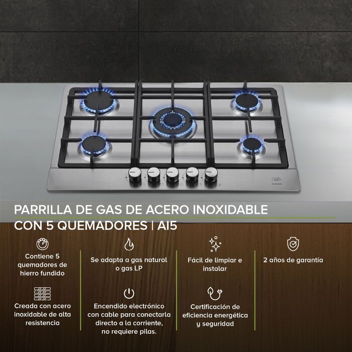 Parrila de Gas 5 Quemadores Acero Inoxidable Avera AI5