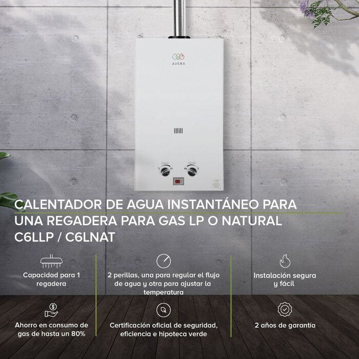 Calentador de Agua Instantáneo 6 Lt. Gas LP Avera C6L