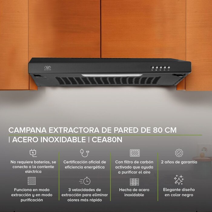 Campana de Pared Negra Acero Inoxidable 80 cm Avera CEA80N