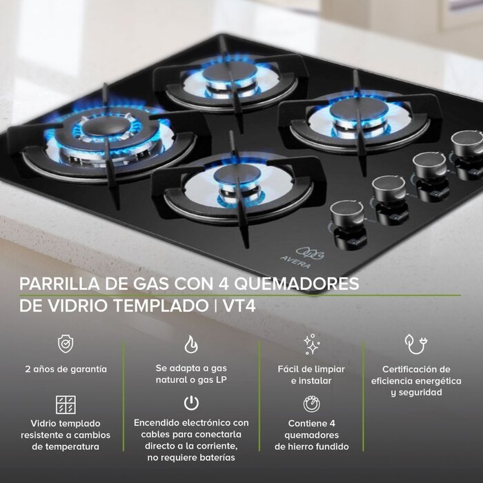Parrila de Gas con 4 Quemadores Vidrio Templado Avera VT4