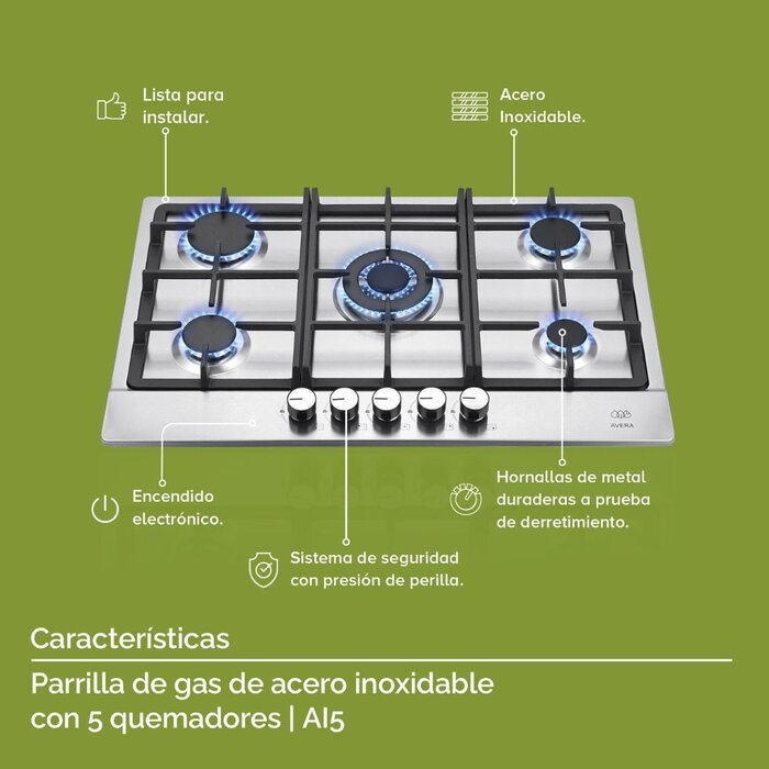 Parrila de Gas 5 Quemadores Acero Inoxidable Avera AI5