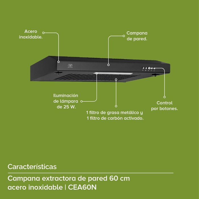 Campana de Pared Negra Acero Inoxidable 60 cm Avera CEA60N