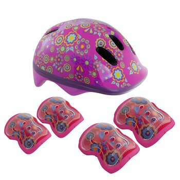 Casco Benotto Child Kit Rosa Flores con Coderas/Rodilleras