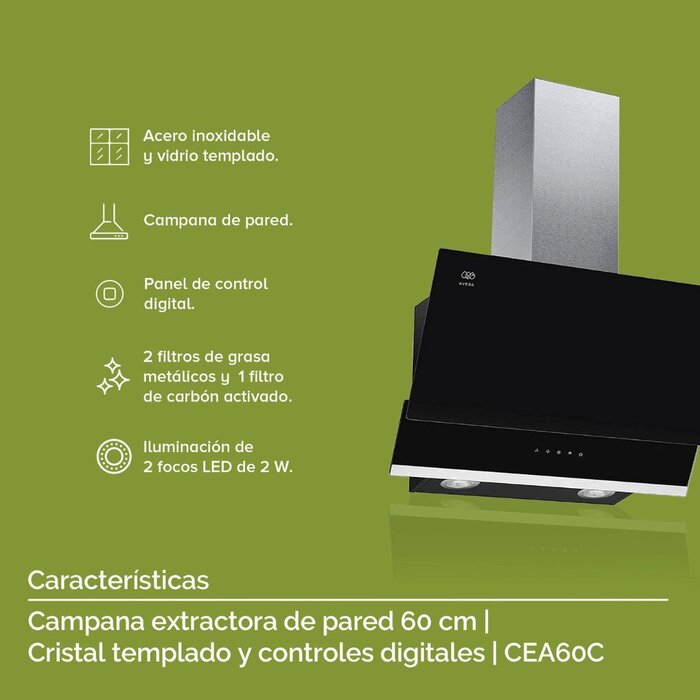 Campana de Pared Negra Vidrio Templado 60 cm Avera CEA60C