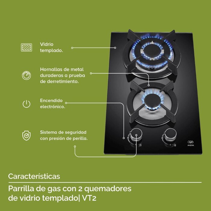 Parrilla de Gas con 2 Quemadores Vidrio Templado- Avera
