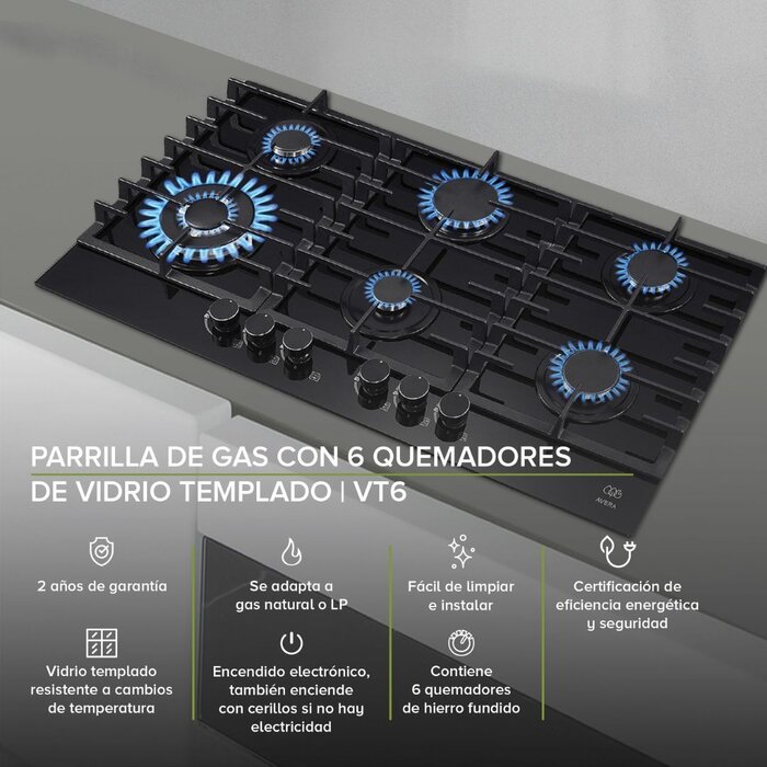 Parrilla de Gas 6 Quemadores Vidrio Templado Avera VT6