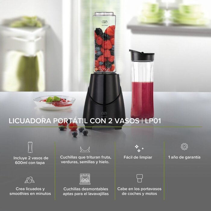 Licuadora Portátil 2 Vasos con Tapa Avera LP01
