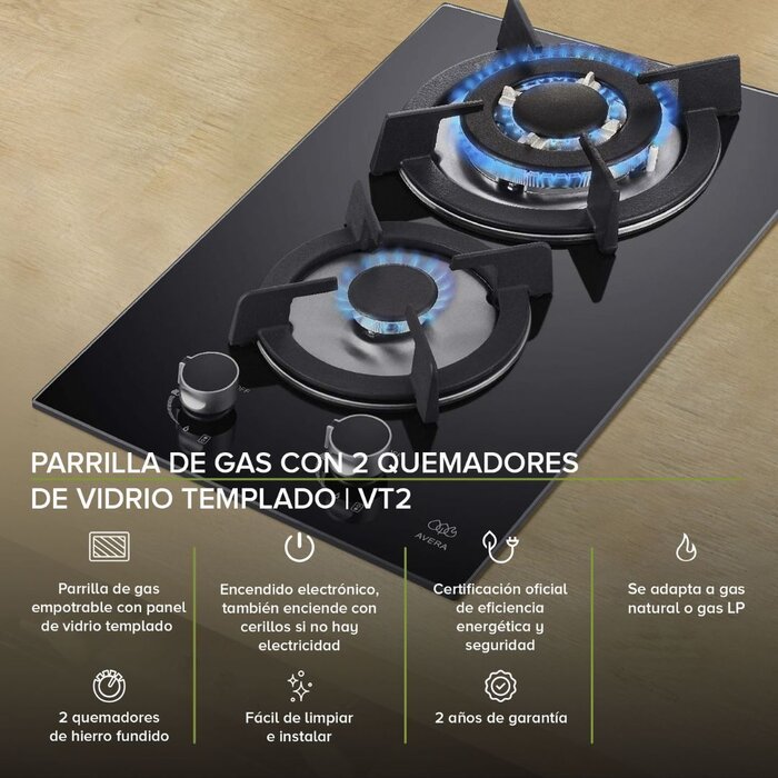 Parrilla de Gas con 2 Quemadores Vidrio Templado- Avera
